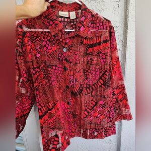 Chico's Vibrant Red and Pink Abstract Vintage Top W Mother Of Pearl Buttons Sz 1
